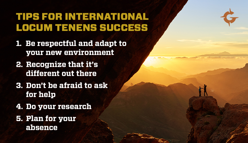 a graphic list of five tips for international locum tenens success
