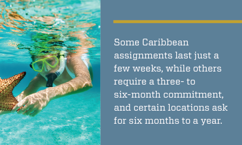 picture of snorkler with text explaining how long Caribbean locums assignments typically last