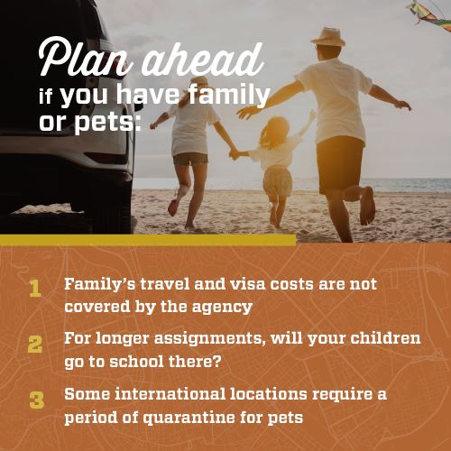 Infographic on how to plan ahead for an international locums assignment if you have family or pets