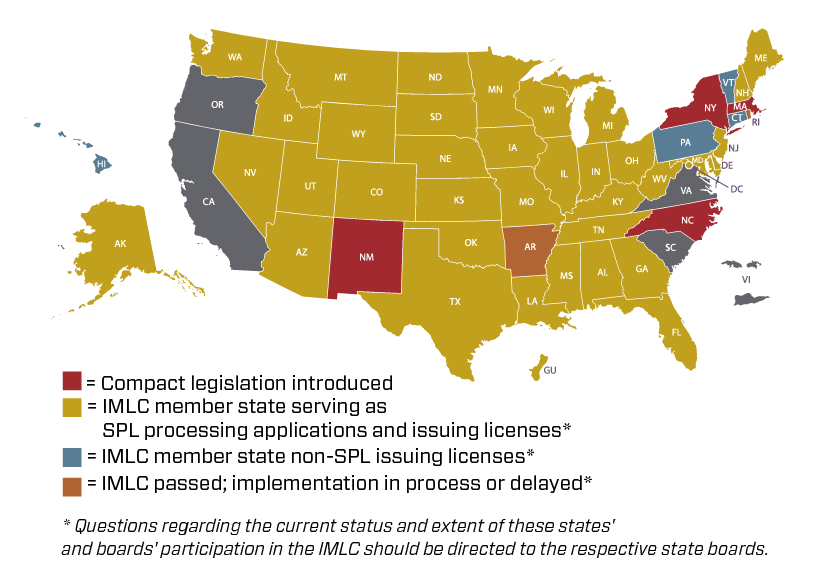 map of the US with status of what states are part of the IMLC