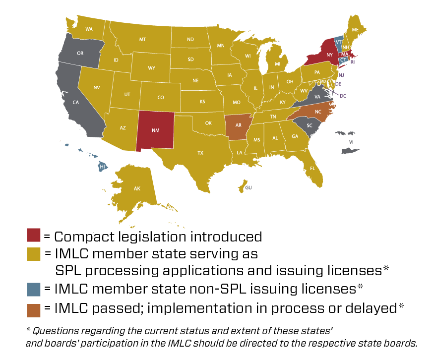 Map of US highlighting states that are members of the Interstate Medical Licensure Compact