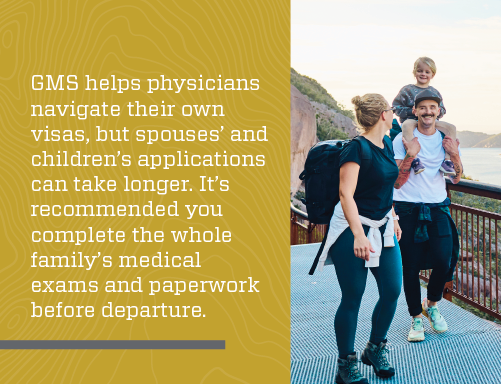 Graphic stating GMS handles visas for locum physicians and can help with family’s visas for assignments in New Zealand