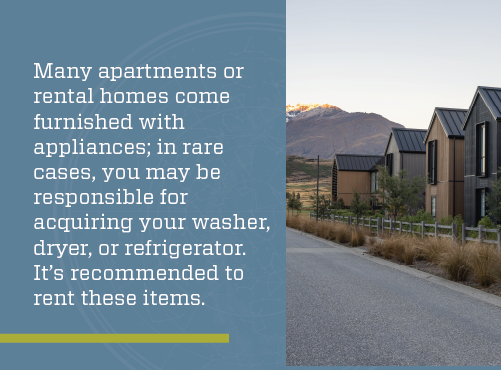 Graphic explaining that appliances may need to be rented for housing in New Zealand